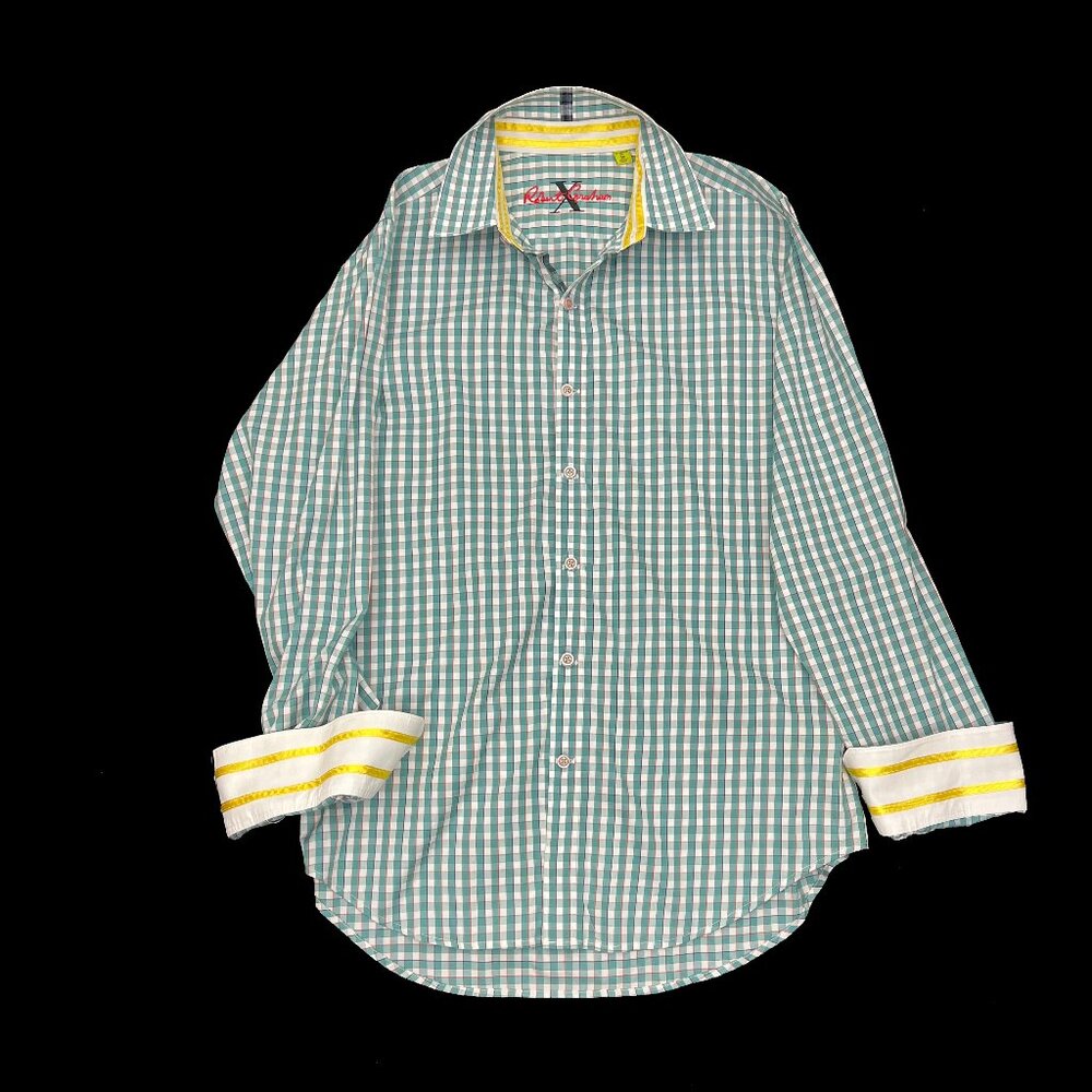 Robert Graham Flip Cuff Green White Shirt Gingham Checkered Tailored Fit Mens M